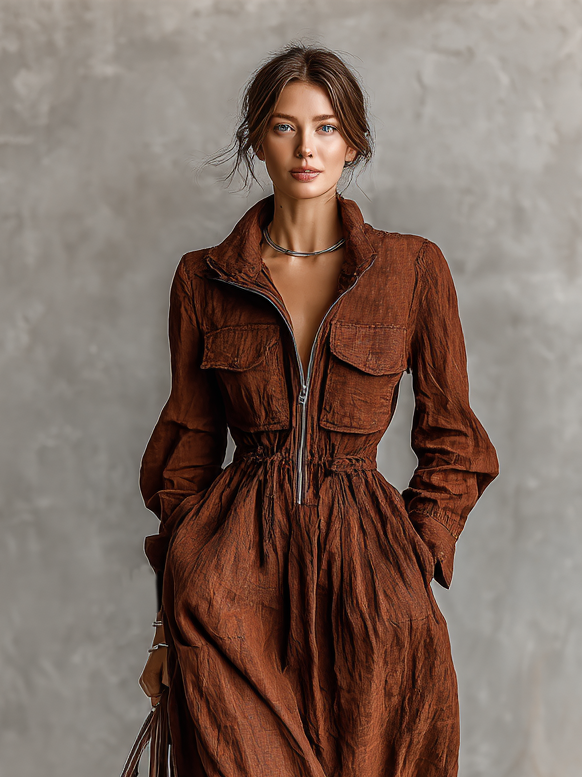 Hannah - Vintage Women's Autumn Wedding Guest Dress with Zip Collar and Drawstring Waist