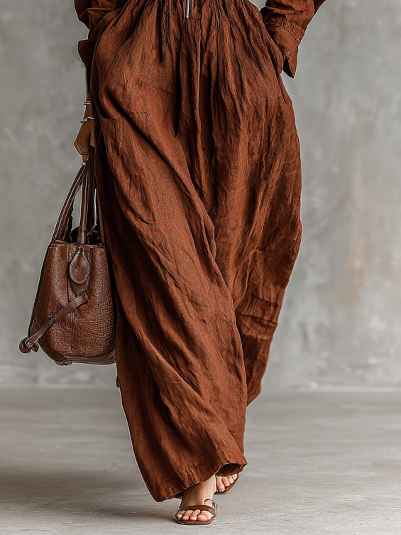 Hannah - Vintage Women's Autumn Wedding Guest Dress with Zip Collar and Drawstring Waist