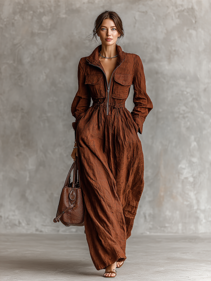 Hannah - Vintage Women's Autumn Wedding Guest Dress with Zip Collar and Drawstring Waist