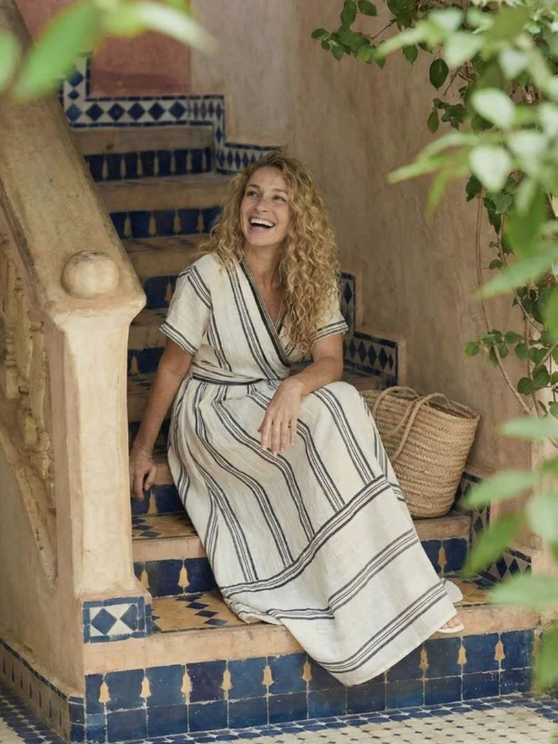 Hannah - Vintage Women's Linen Maxi Dress with Wrap V Neck and Tie Waist
