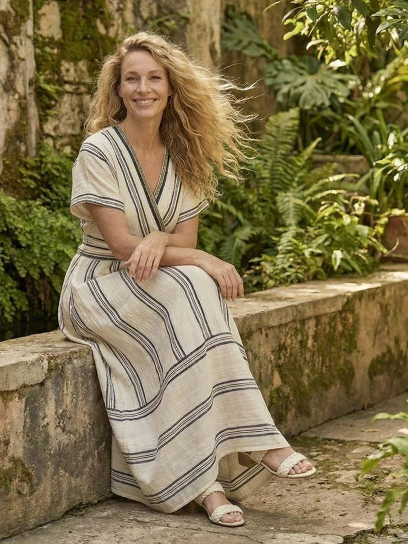 Hannah - Vintage Women's Linen Maxi Dress with Wrap V Neck and Tie Waist