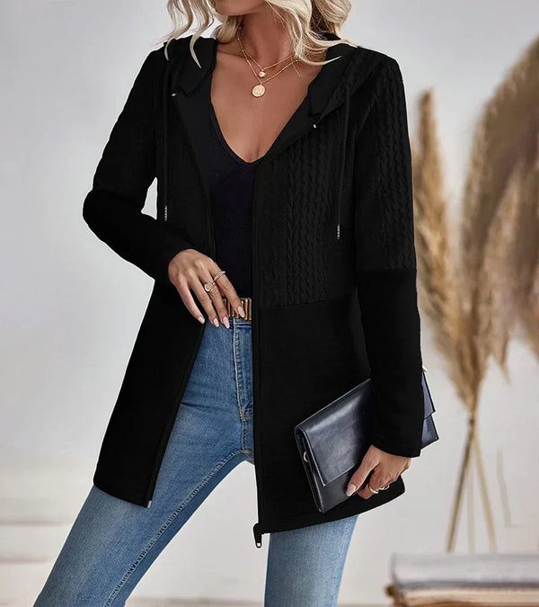 Hannah - Women's Autumn Zip Hoodie with Cable Knit Panel and Drawstring Hood