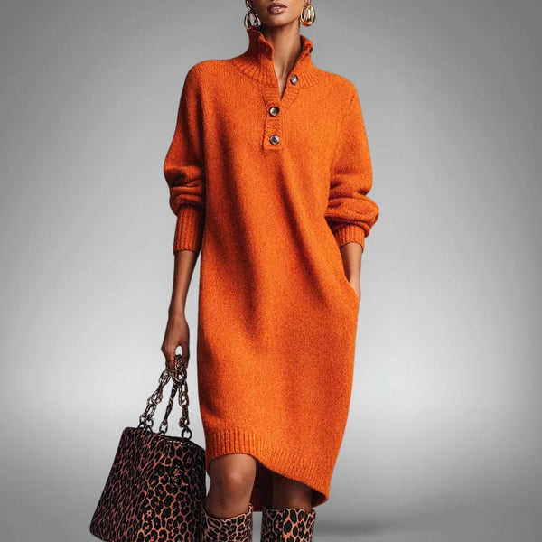 Hannah - Women's Knitted Midi Dress for Autumn Winter with Comfort Button Collar