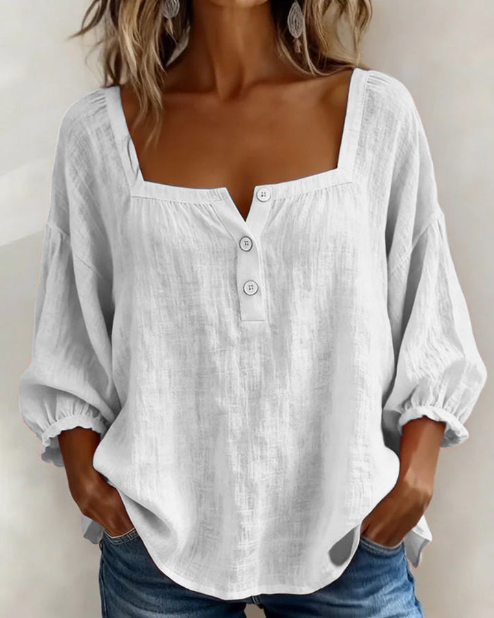 Hannah - Women's Linen Blouse with Square Neckline and Puffed Sleeves