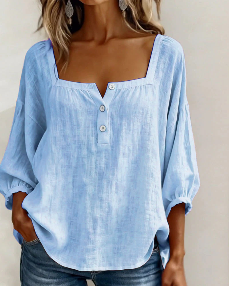 Hannah - Women's Linen Blouse with Square Neckline and Puffed Sleeves