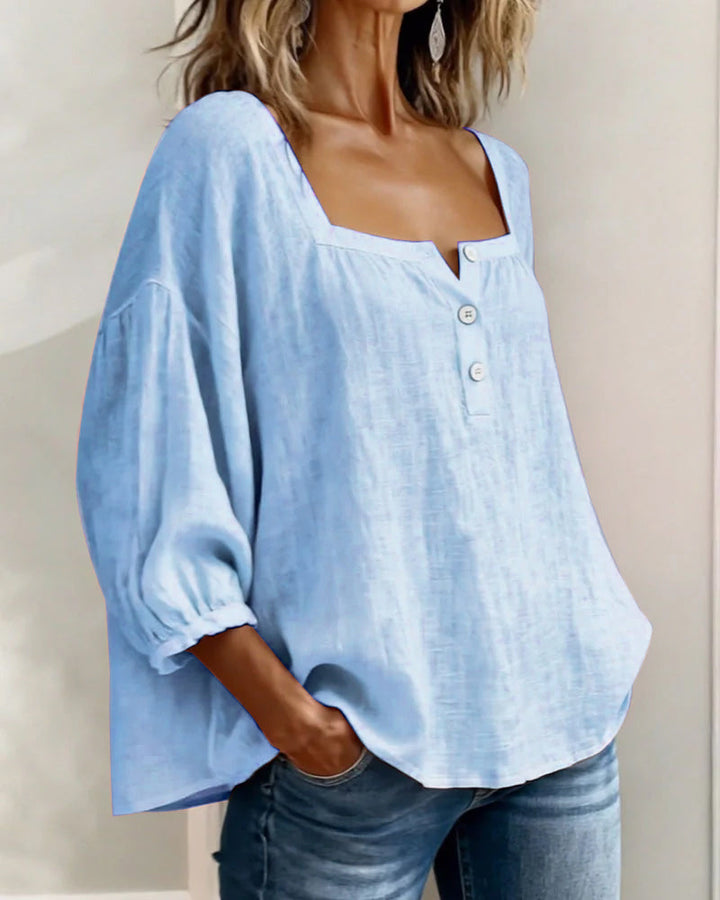 Hannah - Women's Linen Blouse with Square Neckline and Puffed Sleeves