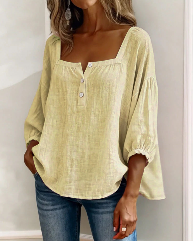 Hannah - Women's Linen Blouse with Square Neckline and Puffed Sleeves