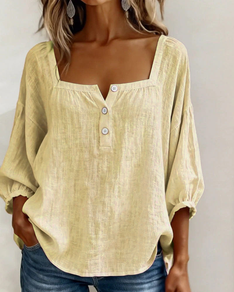 Hannah - Women's Linen Blouse with Square Neckline and Puffed Sleeves