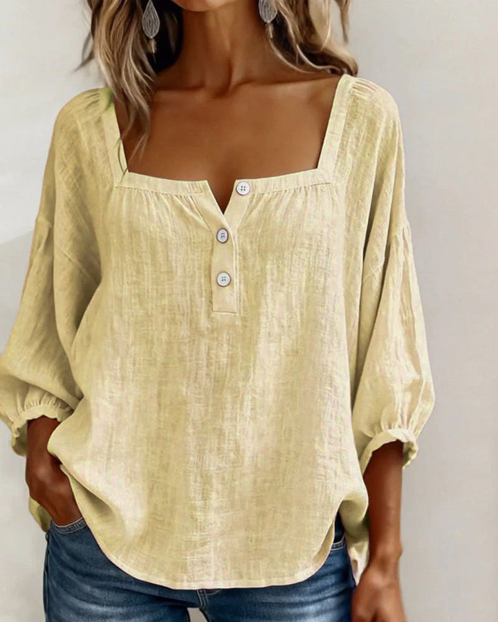 Hannah - Women's Linen Blouse with Square Neckline and Puffed Sleeves