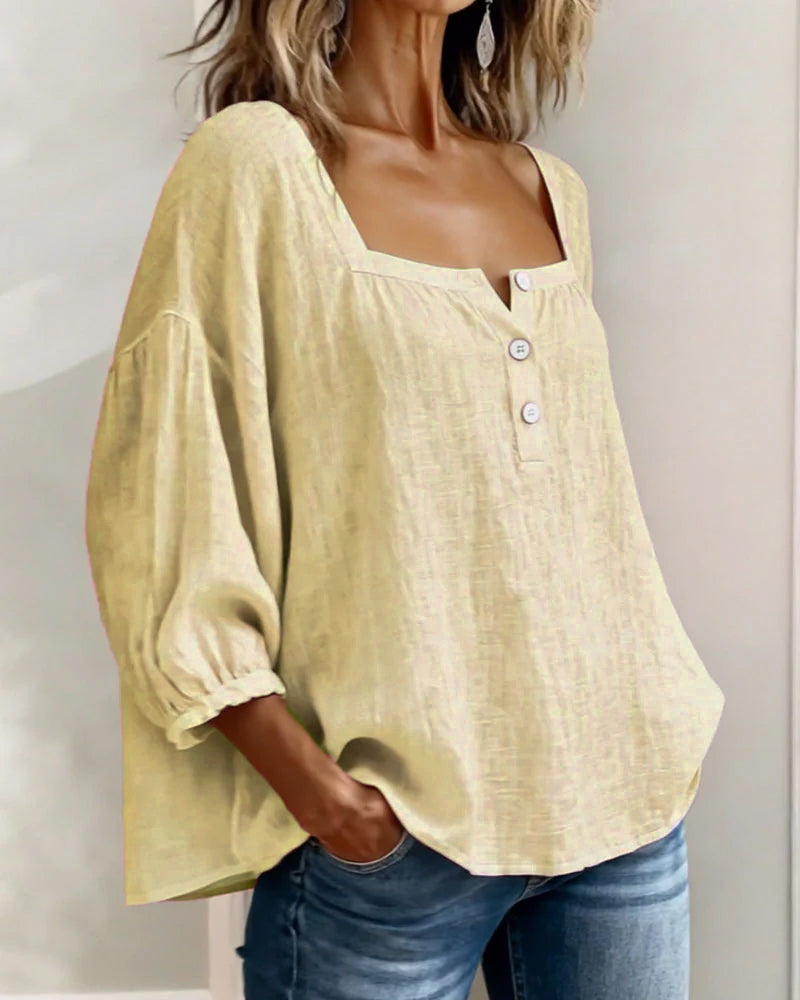 Hannah - Women's Linen Blouse with Square Neckline and Puffed Sleeves