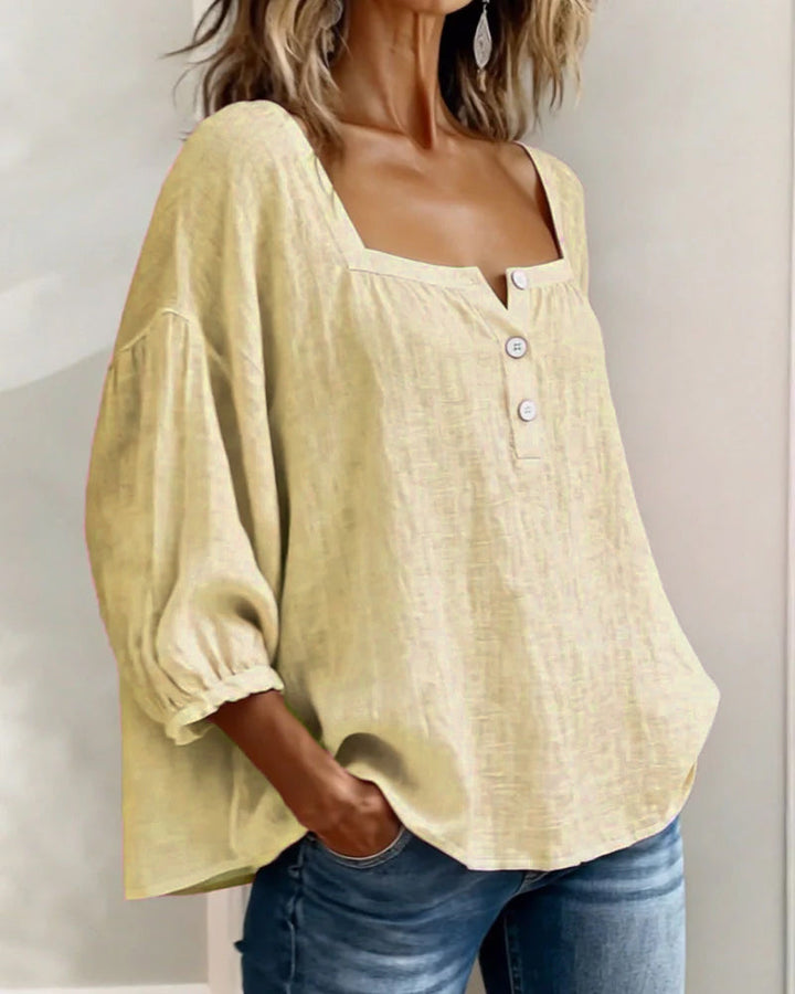 Hannah - Women's Linen Blouse with Square Neckline and Puffed Sleeves