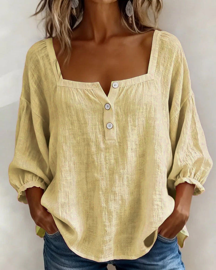 Hannah - Women's Linen Blouse with Square Neckline and Puffed Sleeves