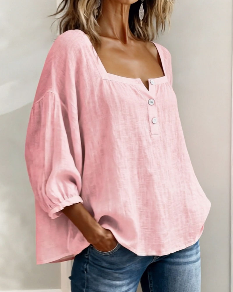 Hannah - Women's Linen Blouse with Square Neckline and Puffed Sleeves