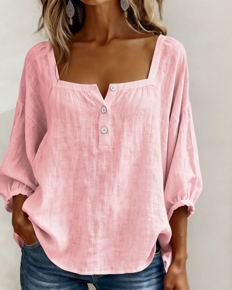 Hannah - Women's Linen Blouse with Square Neckline and Puffed Sleeves