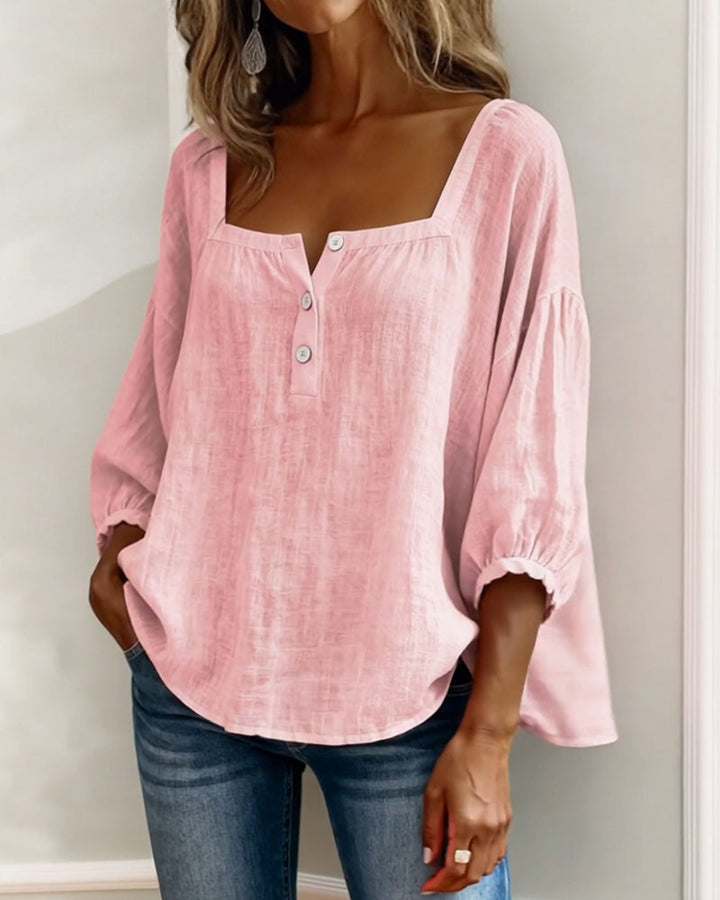 Hannah - Women's Linen Blouse with Square Neckline and Puffed Sleeves