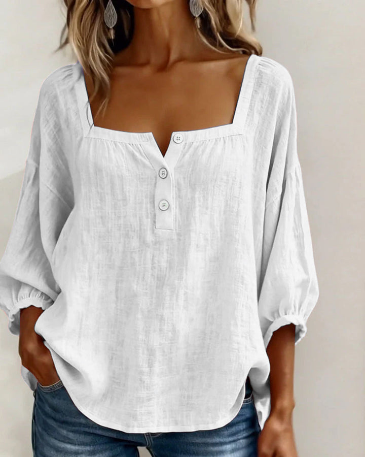 Hannah - Women's Linen Blouse with Square Neckline and Puffed Sleeves