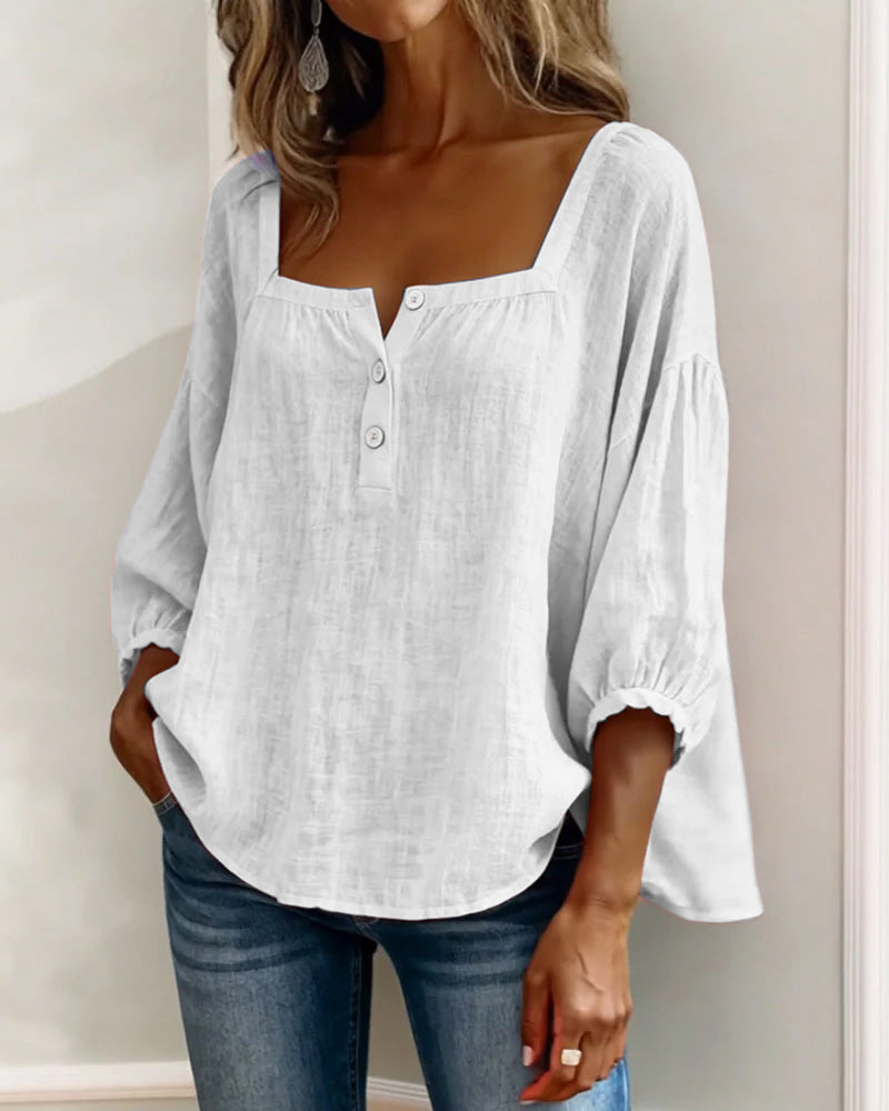 Hannah - Women's Linen Blouse with Square Neckline and Puffed Sleeves