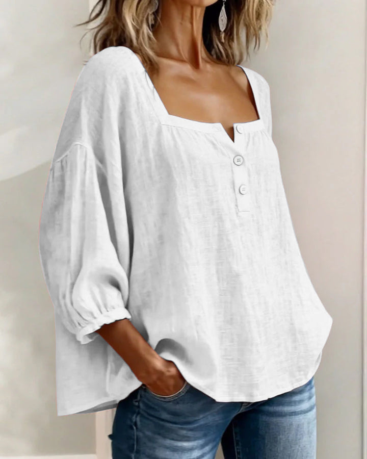 Hannah - Women's Linen Blouse with Square Neckline and Puffed Sleeves