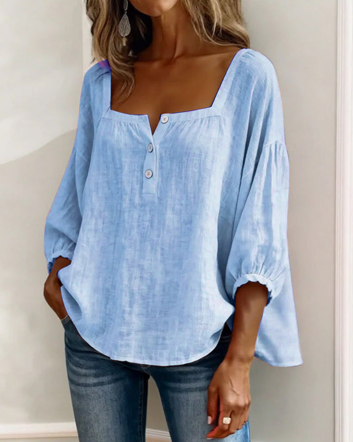 Hannah - Women's Linen Blouse with Square Neckline and Puffed Sleeves