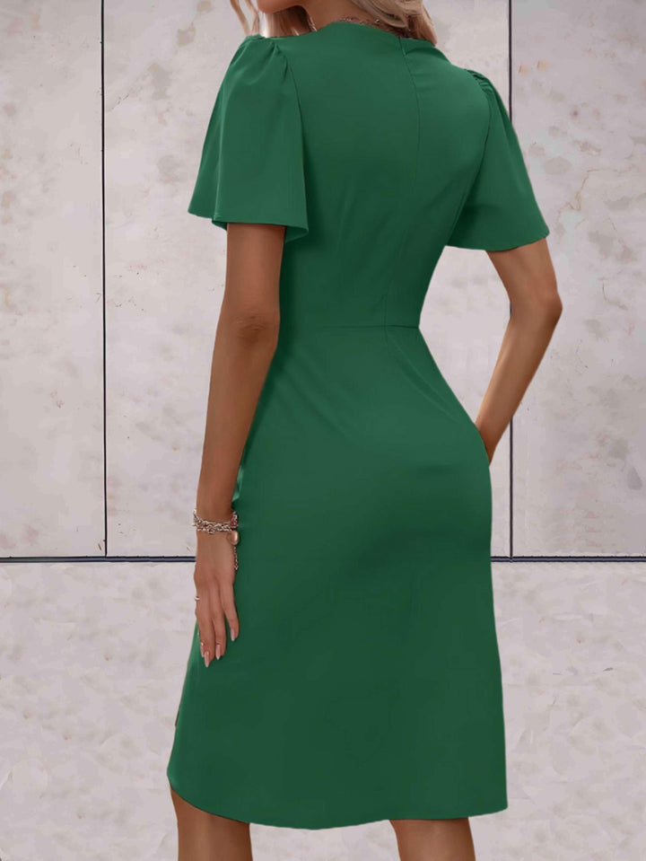 Harriet - Elegant Women's Summer Midi Dress with Wrap V Neck and Flutter Sleeves