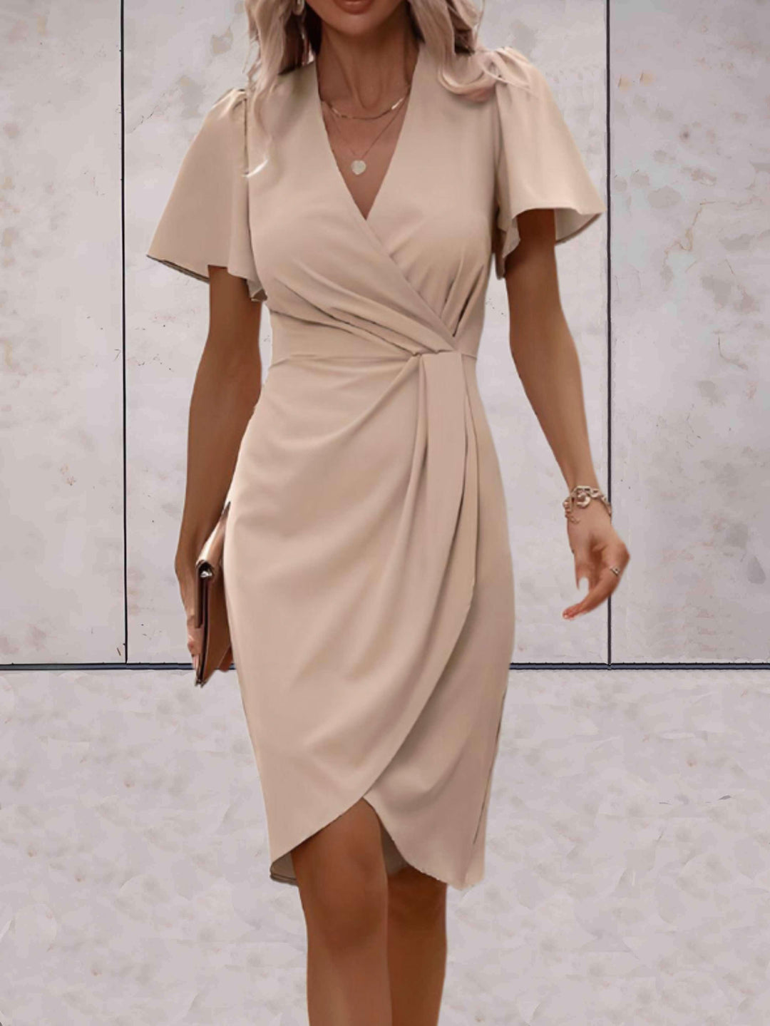 Harriet - Elegant Women's Summer Midi Dress with Wrap V Neck and Flutter Sleeves