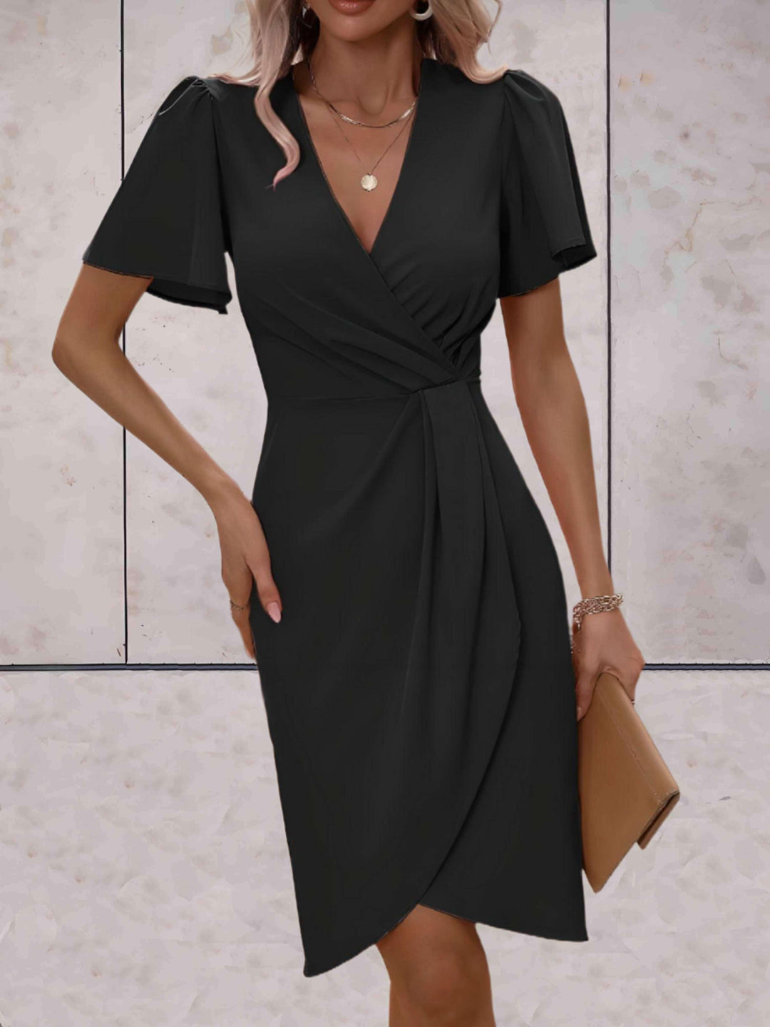 Harriet - Elegant Women's Summer Midi Dress with Wrap V Neck and Flutter Sleeves