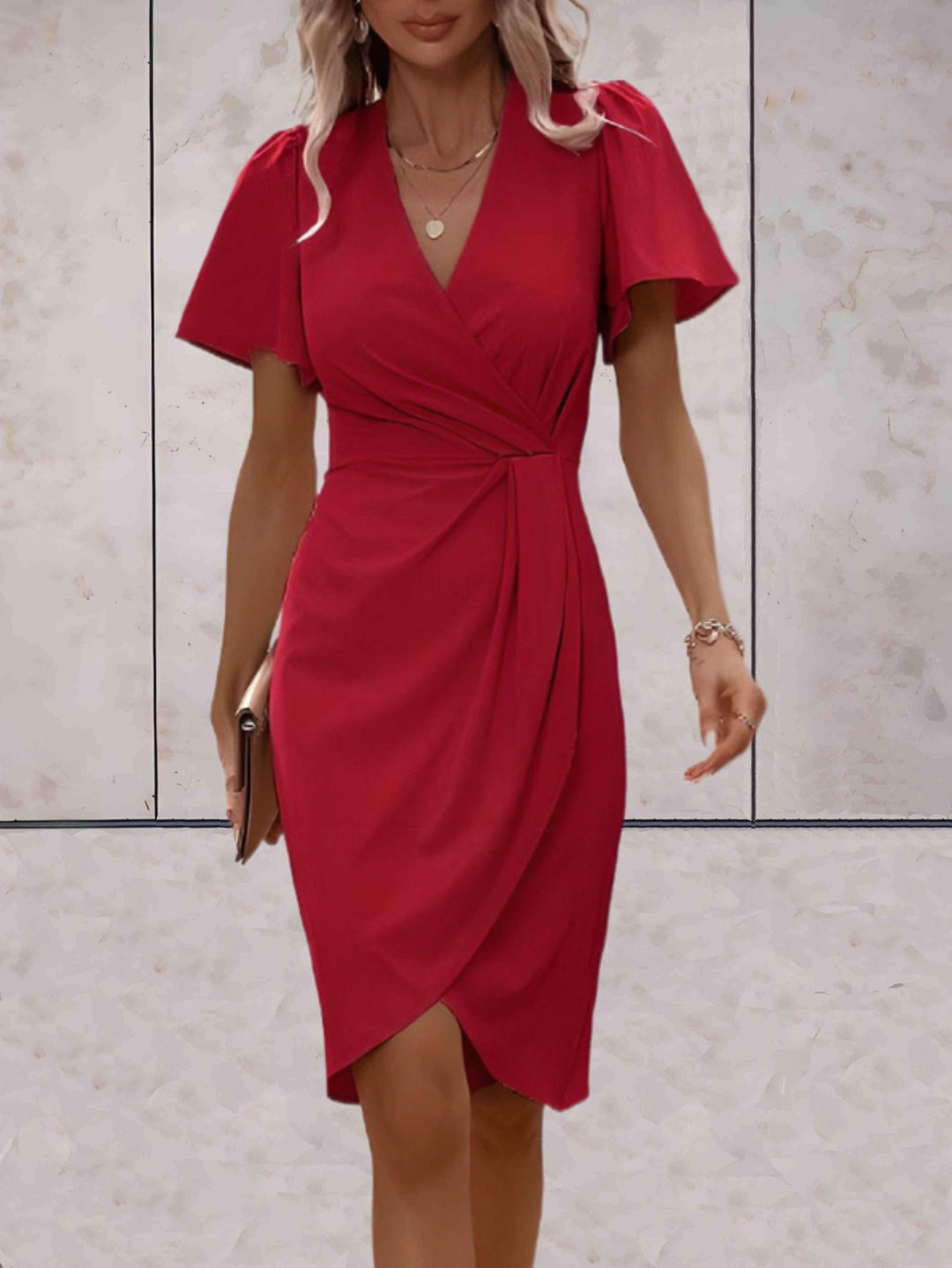 Harriet - Elegant Women's Summer Midi Dress with Wrap V Neck and Flutter Sleeves