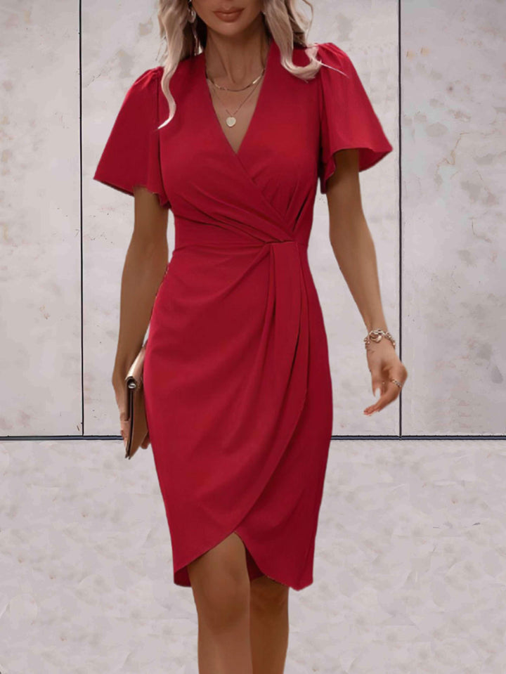 Harriet - Elegant Women's Summer Midi Dress with Wrap V Neck and Flutter Sleeves