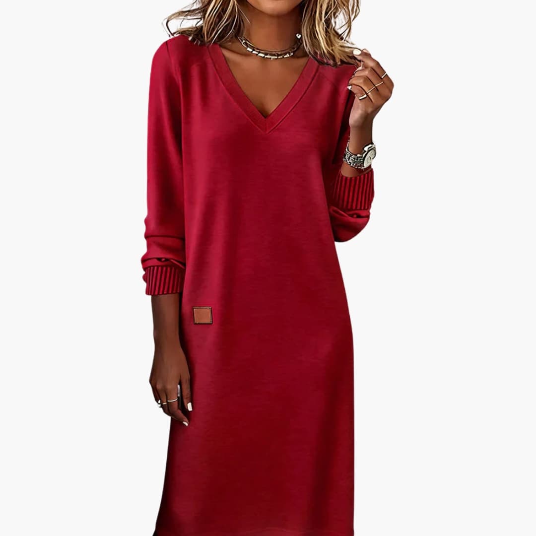 Harriet - Women's casual long sleeve v neck midi dress with ribbed cuffs