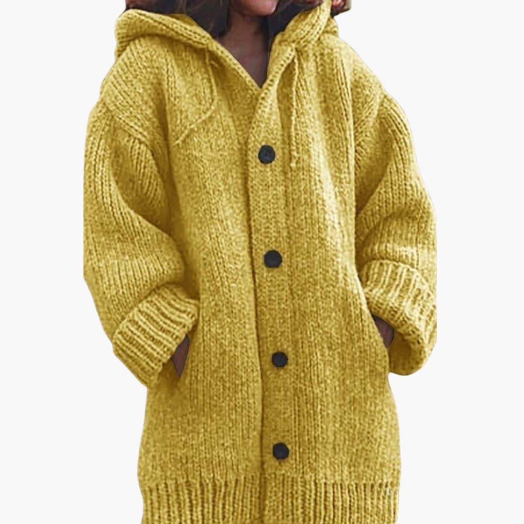 Harriet - Women's chunky knitted longline cardigan with hood and button front