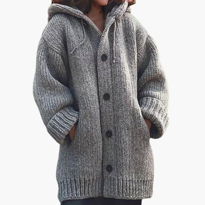 Harriet - Women's chunky knitted longline cardigan with hood and button front