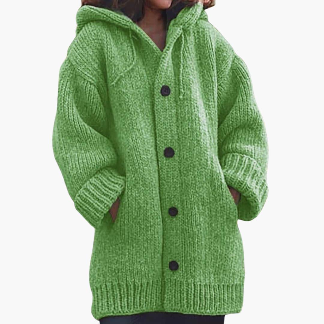 Harriet - Women's chunky knitted longline cardigan with hood and button front
