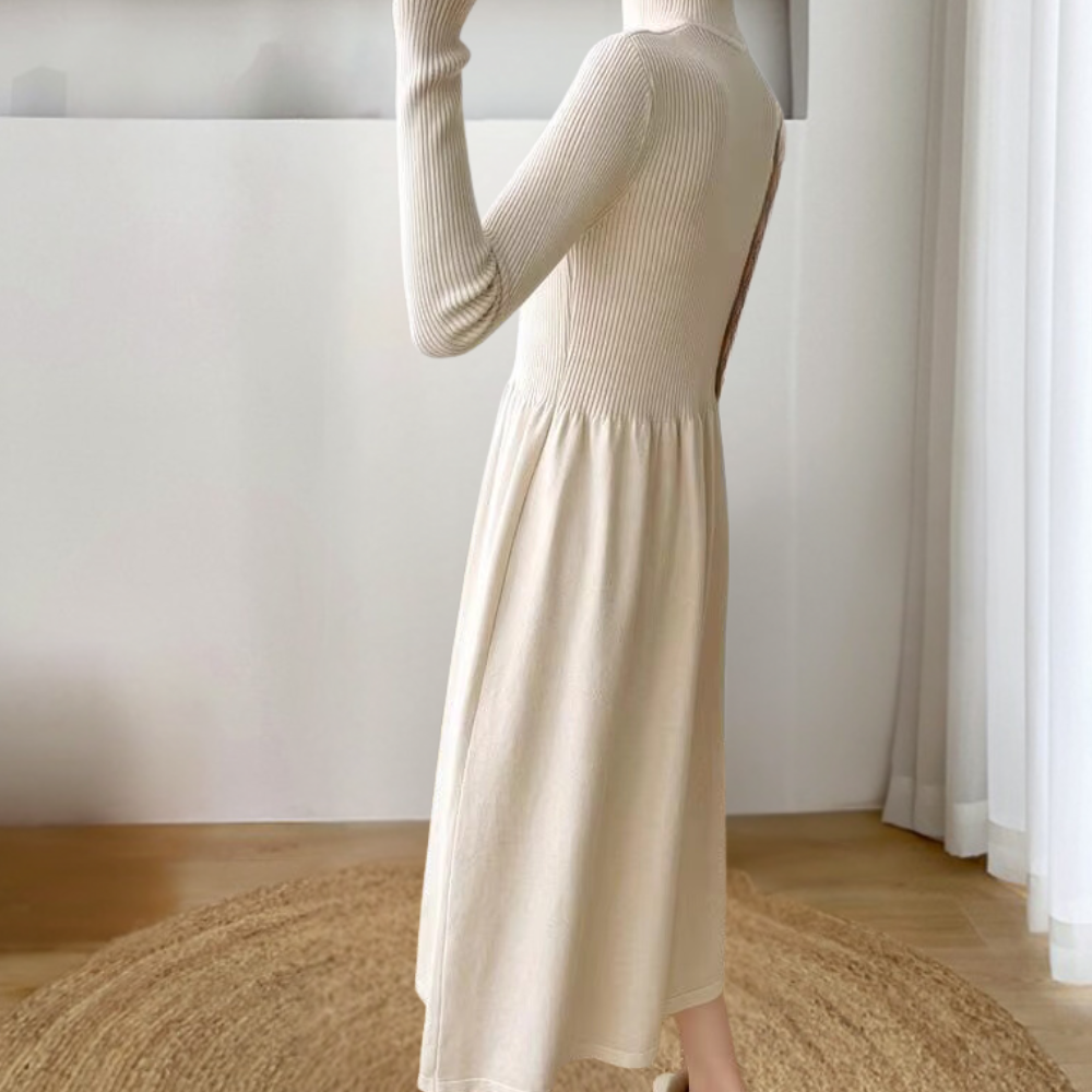 Harriet - Women's knitted long sleeve a line midi dress with high neck