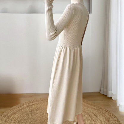 Harriet - Women's knitted long sleeve a line midi dress with high neck