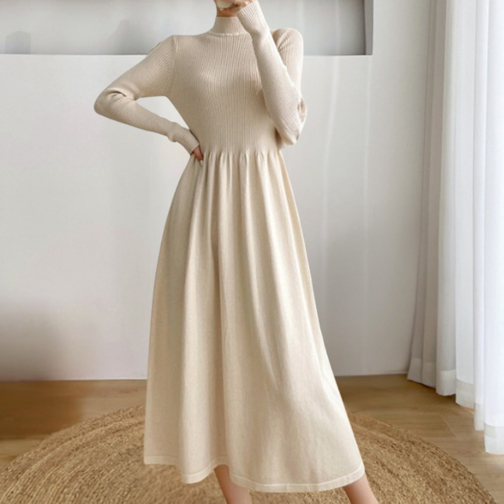 Harriet - Women's knitted long sleeve a line midi dress with high neck