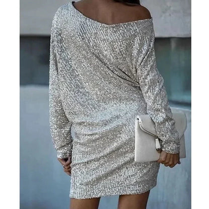 Harriet - Women's sequin glitter party dress with off shoulder and long sleeve