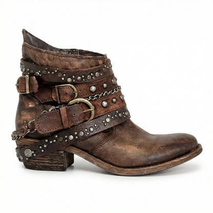Harriet - Women’s vintage heeled ankle boots with studded buckle straps