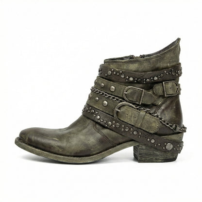 Harriet - Women’s vintage heeled ankle boots with studded buckle straps