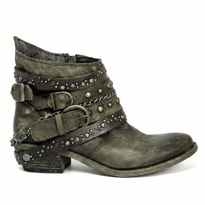 Harriet - Women’s vintage heeled ankle boots with studded buckle straps