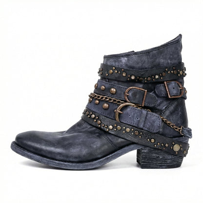 Harriet - Women’s vintage heeled ankle boots with studded buckle straps