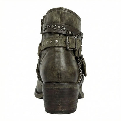Harriet - Women’s vintage heeled ankle boots with studded buckle straps