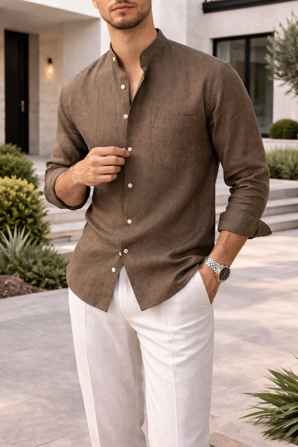 Harry - Smart Men's Linen Shirt with Band Collar and Chest Pocket