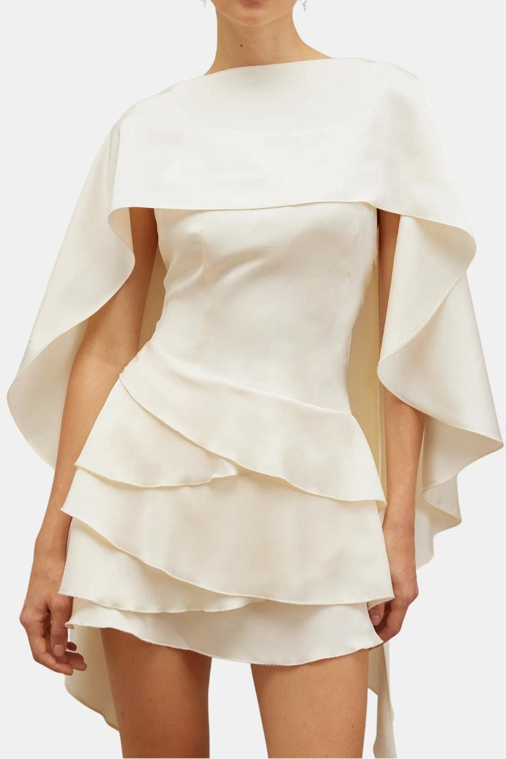 Poppy - Elegant Women's Mini Dress with Cape Overlay and Tiered Ruffle Skirt