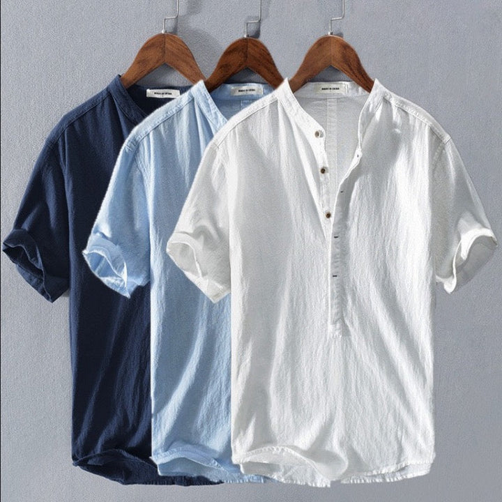 Henry - Casual Men's Linen Shirt with Short Sleeves and Grandad Collar