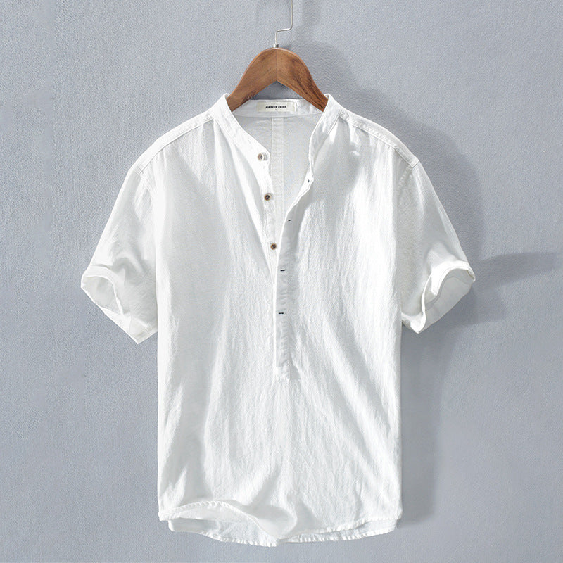 Henry - Casual Men's Linen Shirt with Short Sleeves and Grandad Collar
