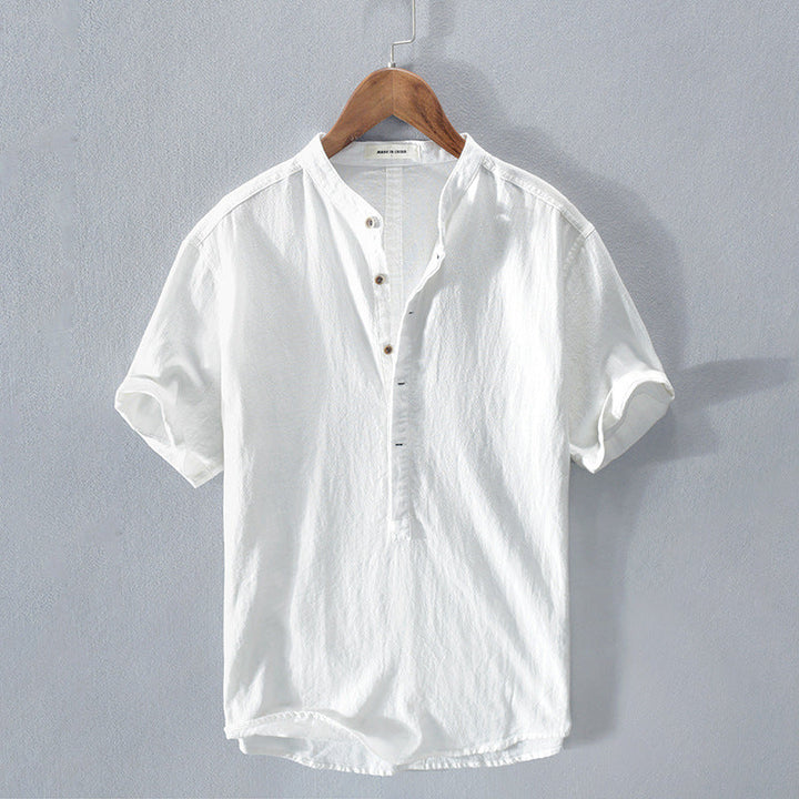 Henry - Casual Men's Linen Shirt with Short Sleeves and Grandad Collar