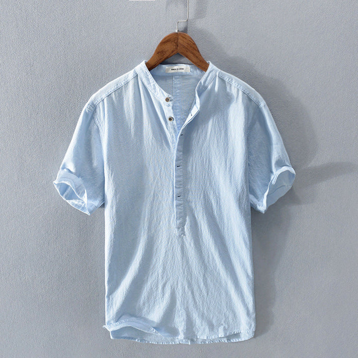 Henry - Casual Men's Linen Shirt with Short Sleeves and Grandad Collar