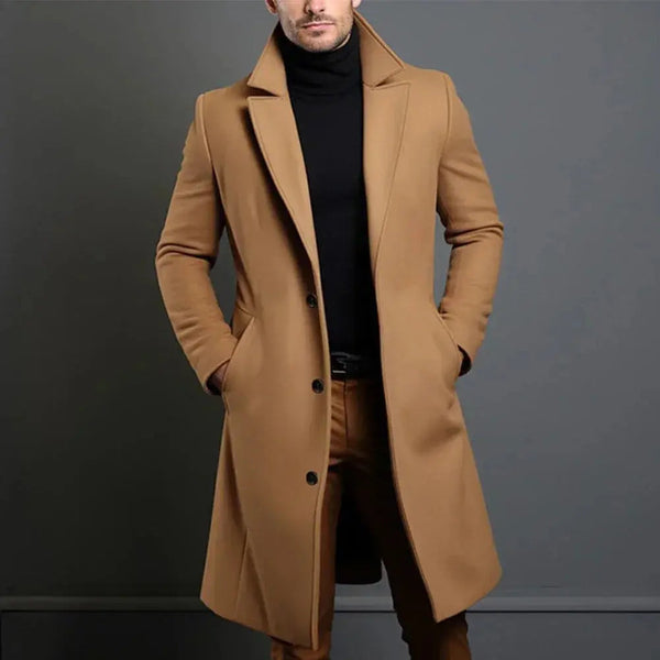Alfie - Men's Wool Blend Long Coat with Notch Lapel and Button Front