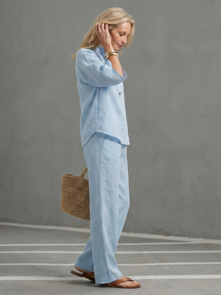 Holly - Smart Women's Linen Co-ord Set with Kimono Sleeves and Mandarin Collar