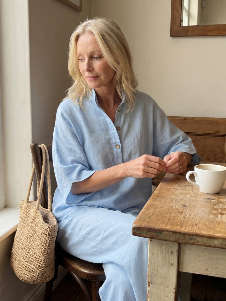 Holly - Smart Women's Linen Co-ord Set with Kimono Sleeves and Mandarin Collar
